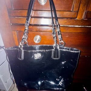 Coach Black Patent Tote with Silver Chain Handles